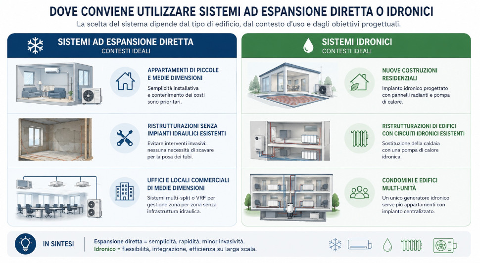 Infografica dove usare Impianto Idronico o ad espansione diretta