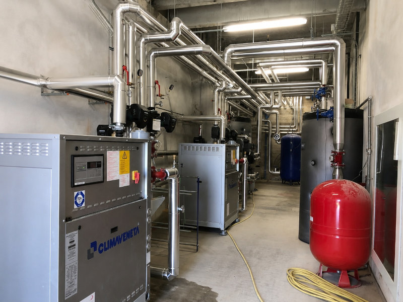 Pompa di calore polivalente Climaveneta installata in centrale tecnologica con impianto a 4 tubi e recupero energetico