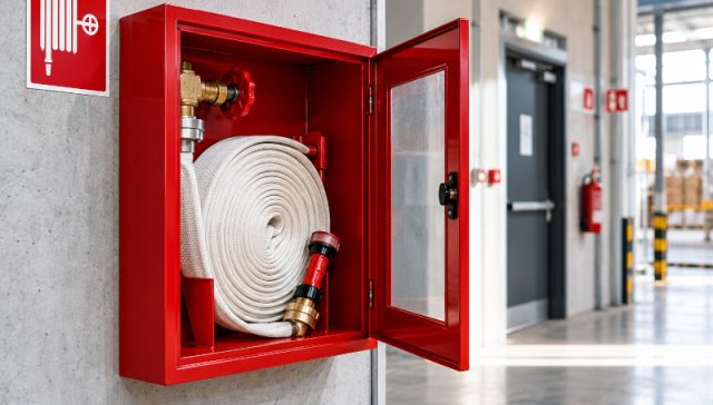 Cassetta antincendio con idrante a muro UNI 45, manichetta flessibile e lancia erogatrice in un edificio industriale.