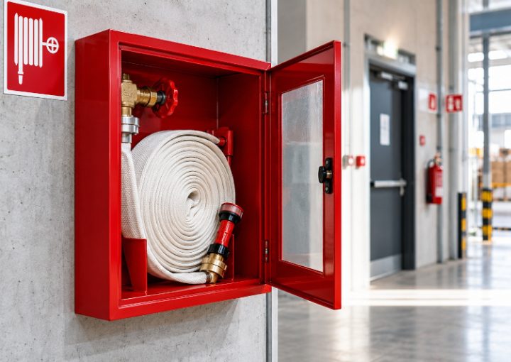 Cassetta antincendio con idrante a muro UNI 45, manichetta flessibile e lancia erogatrice in un edificio industriale.