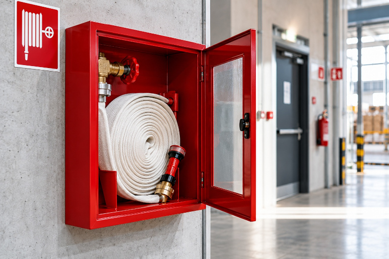 Cassetta antincendio con idrante a muro UNI 45, manichetta flessibile e lancia erogatrice in un edificio industriale.